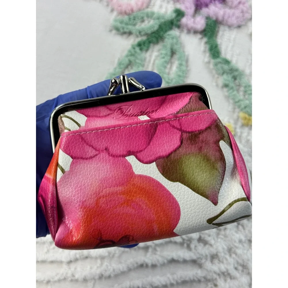 Buxton Pink Floral RFID Triple Frame Coin Purse Kiss Lock Wallet 202P40
